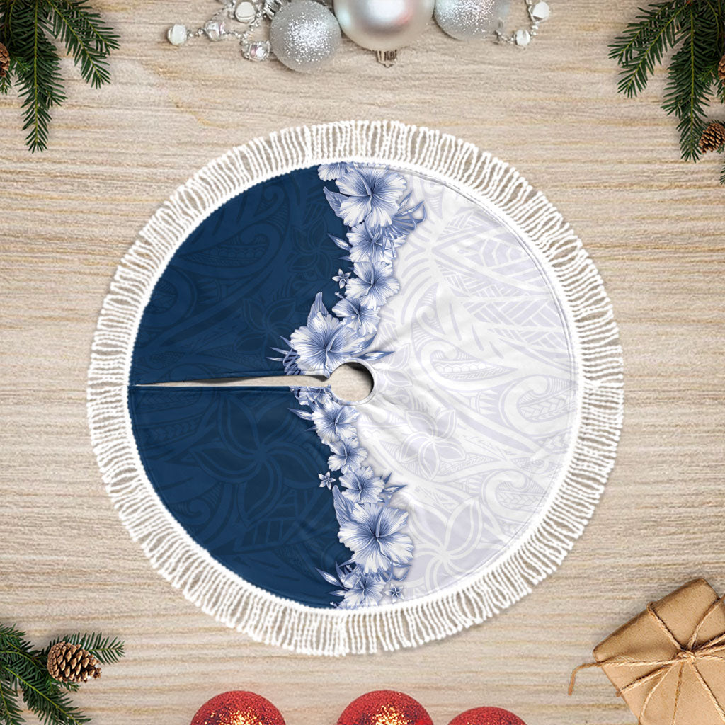 Hawaii Hibiscus Flowers Tree Skirt Blue Polynesian Pattern