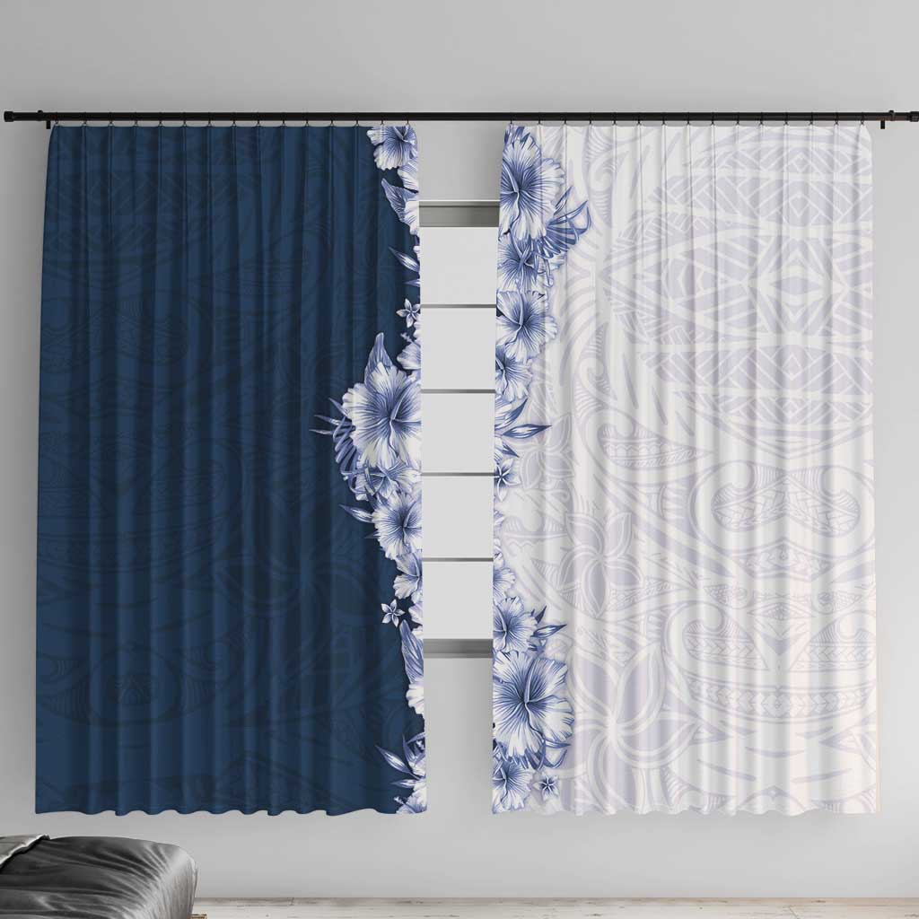 Hawaii Hibiscus Flowers Window Curtain Blue Polynesian Pattern