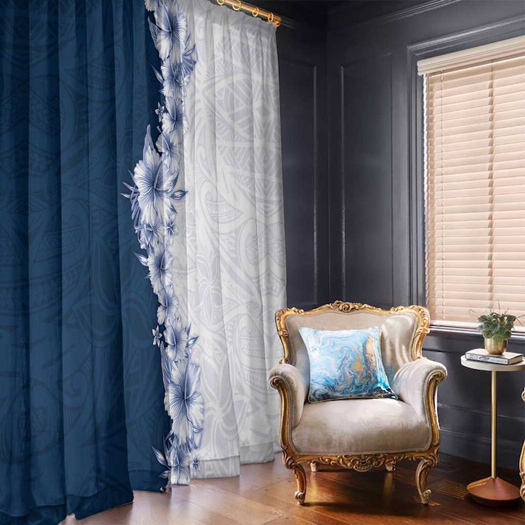 Hawaii Hibiscus Flowers Window Curtain Blue Polynesian Pattern