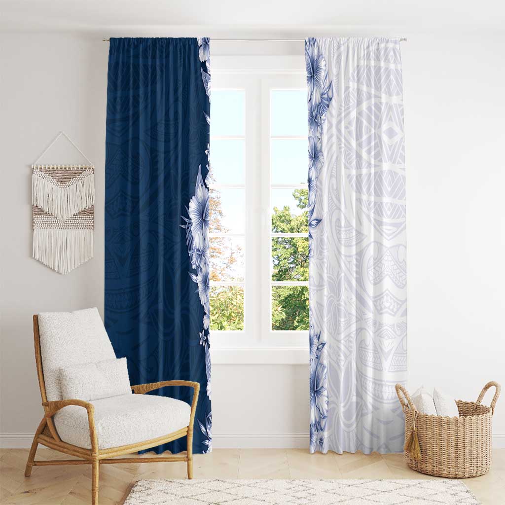 Hawaii Hibiscus Flowers Window Curtain Blue Polynesian Pattern