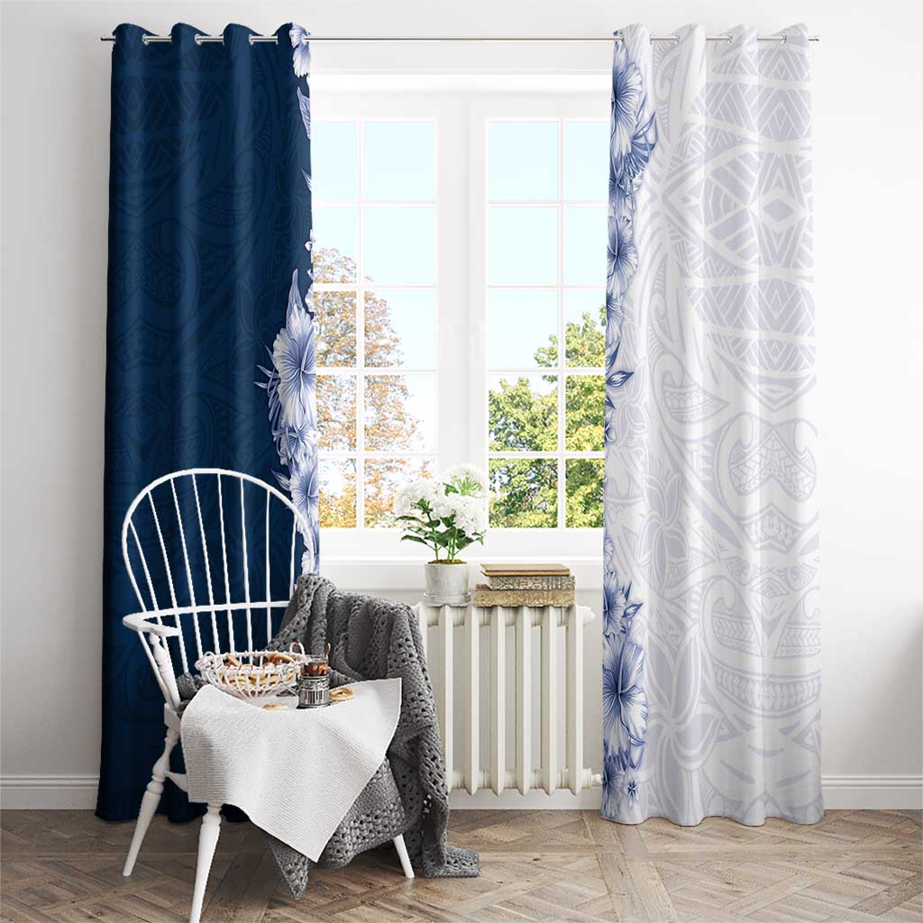 Hawaii Hibiscus Flowers Window Curtain Blue Polynesian Pattern