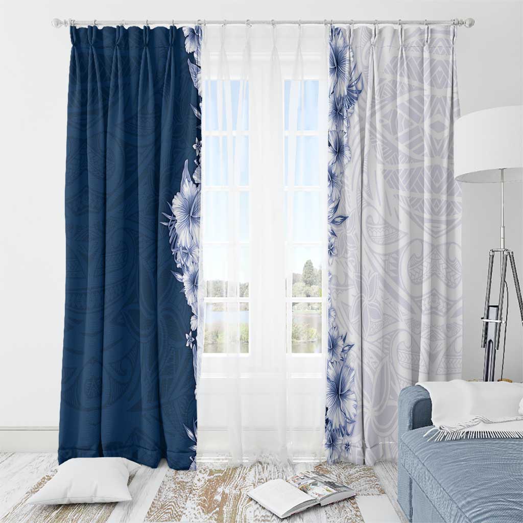 Hawaii Hibiscus Flowers Window Curtain Blue Polynesian Pattern