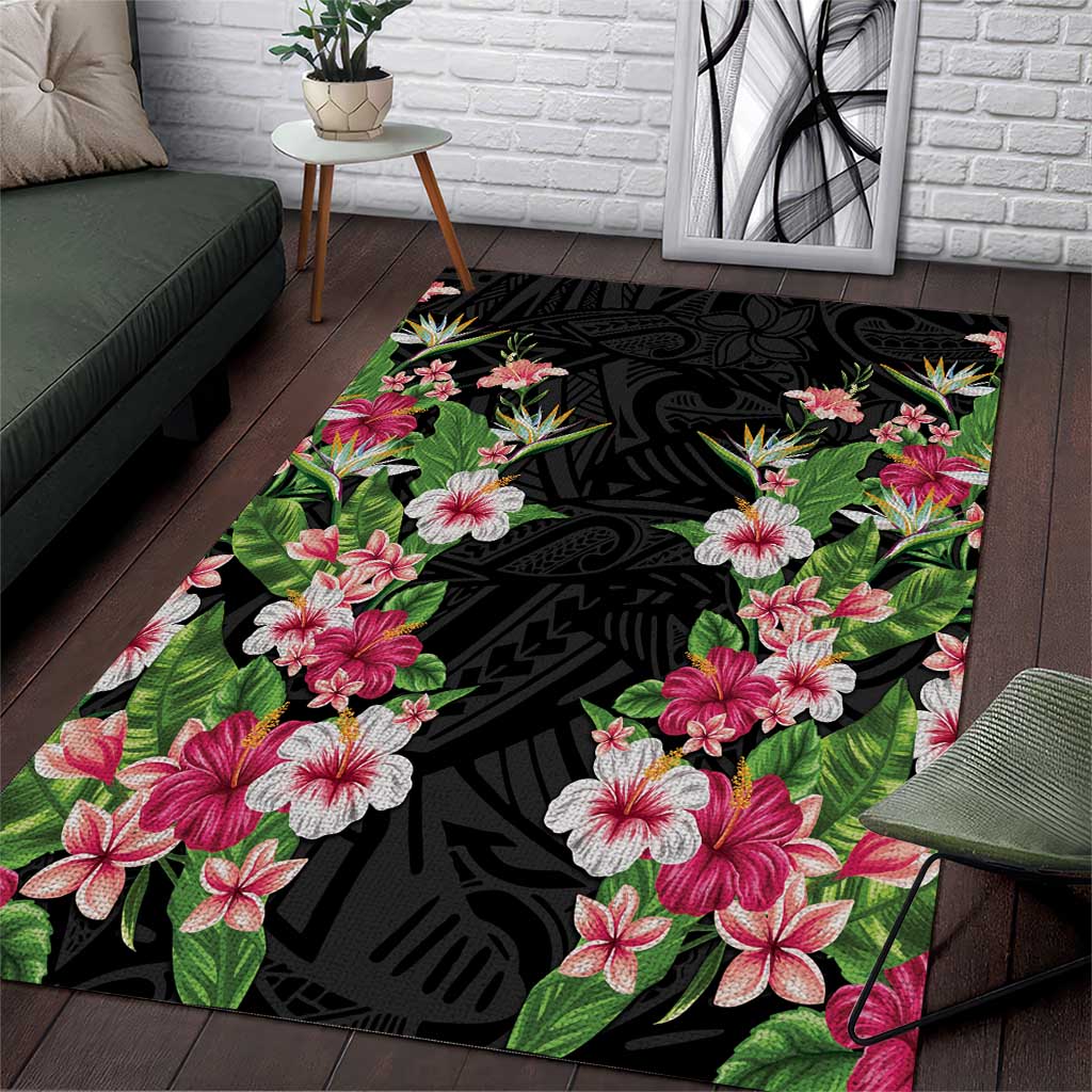 Hawaii Tropical Flowers Area Rug Black Polynesian Tattoo Art LT05 Black - Polynesian Pride