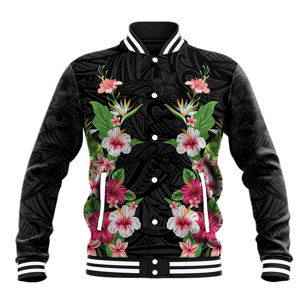 Hawaii Tropical Flowers Baseball Jacket Black Polynesian Tattoo Art