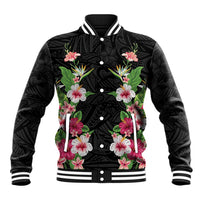Hawaii Tropical Flowers Baseball Jacket Black Polynesian Tattoo Art