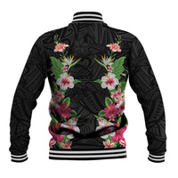 Hawaii Tropical Flowers Baseball Jacket Black Polynesian Tattoo Art