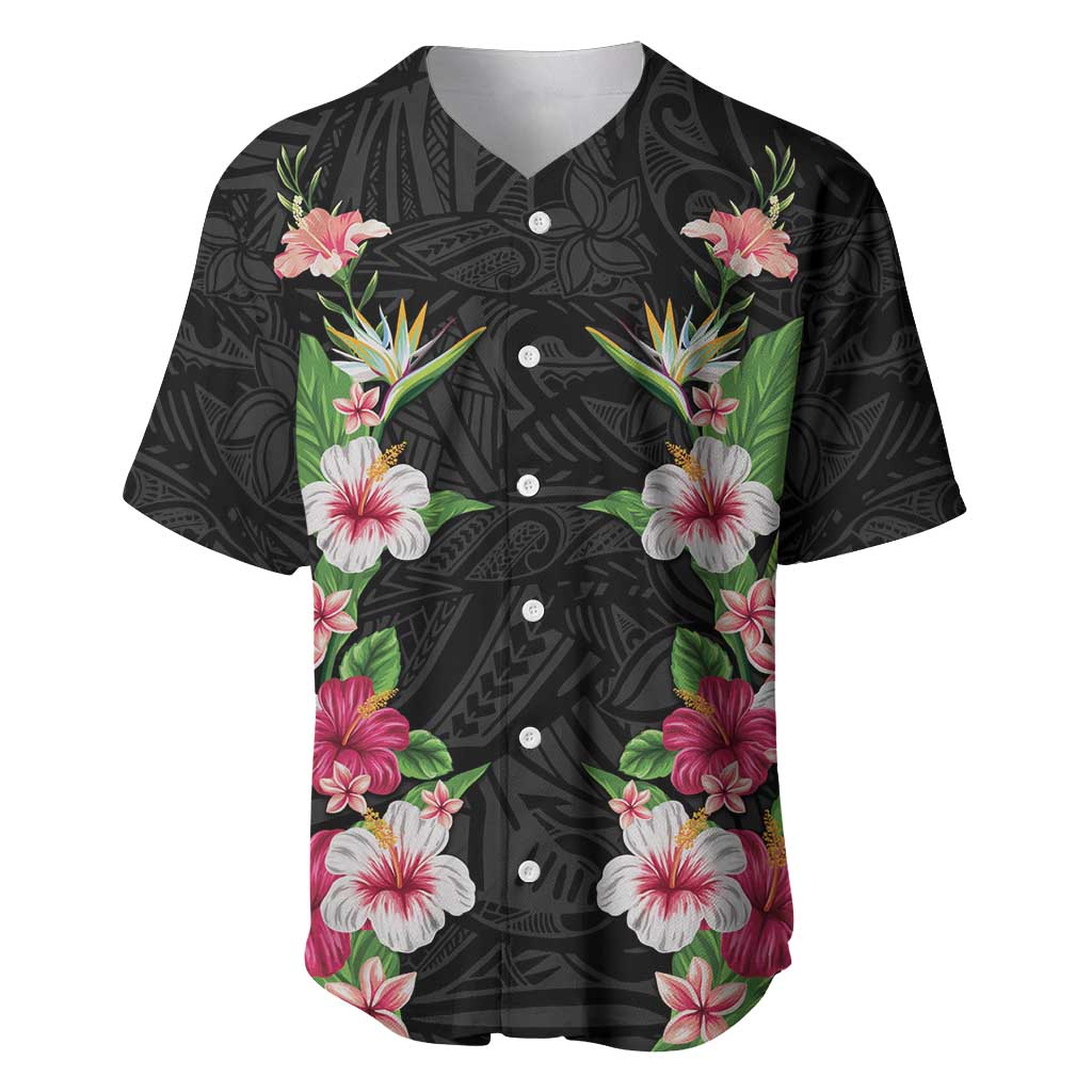 Hawaii Tropical Flowers Baseball Jersey Black Polynesian Tattoo Art