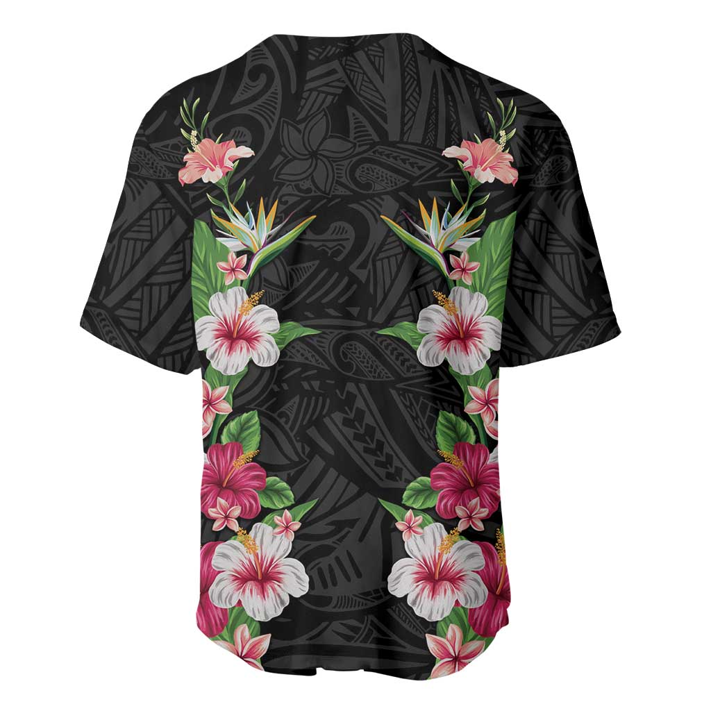 Hawaii Tropical Flowers Baseball Jersey Black Polynesian Tattoo Art