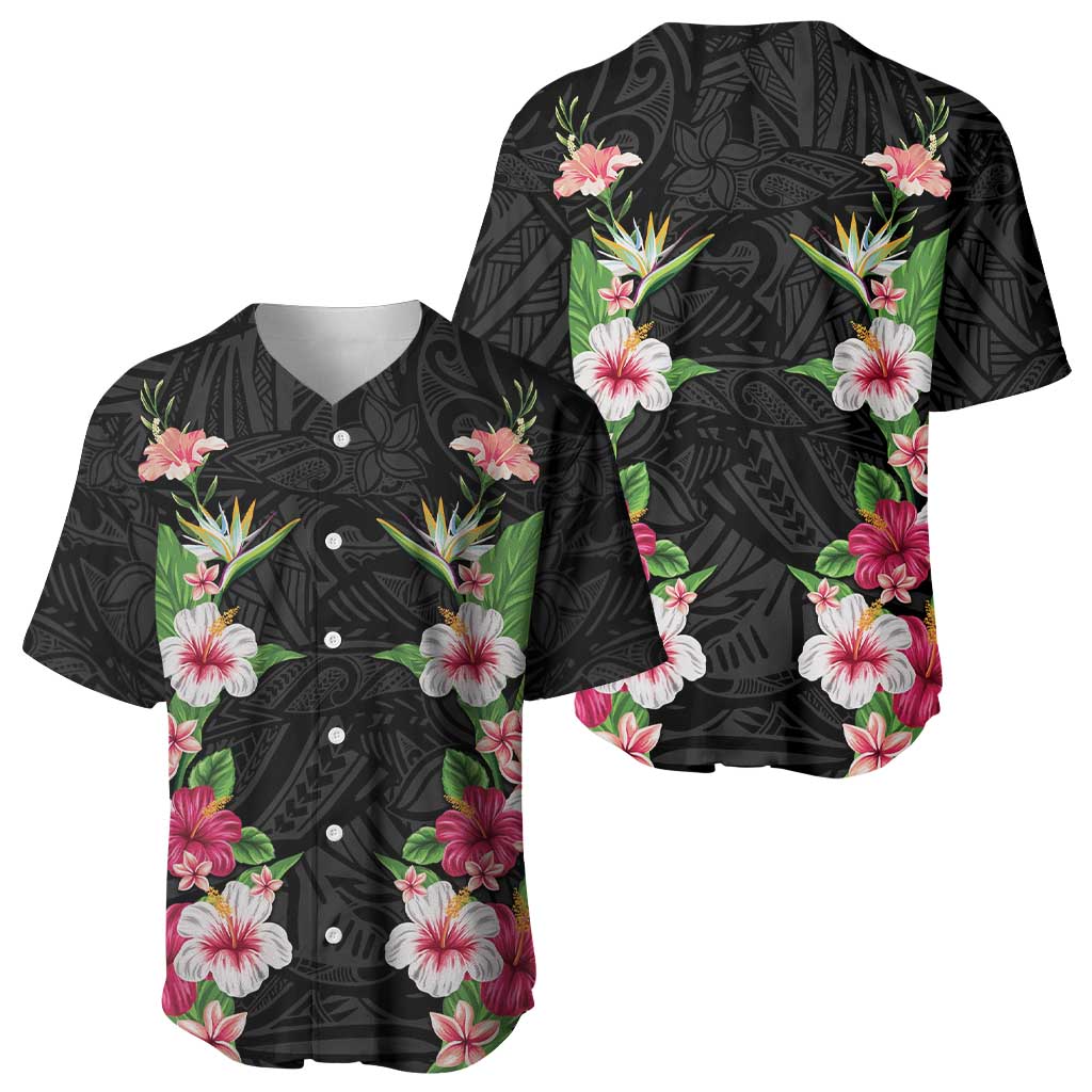 Hawaii Tropical Flowers Baseball Jersey Black Polynesian Tattoo Art