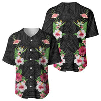 Hawaii Tropical Flowers Baseball Jersey Black Polynesian Tattoo Art