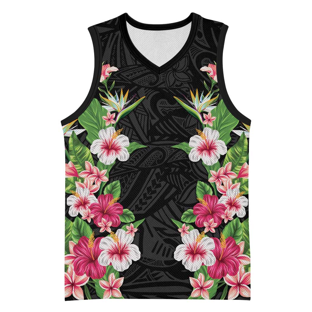 Hawaii Tropical Flowers Basketball Jersey Black Polynesian Tattoo Art LT05 Unisex Black - Polynesian Pride