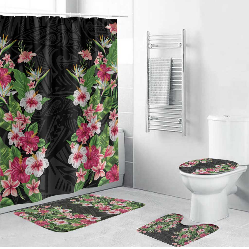 Hawaii Tropical Flowers Bathroom Set Black Polynesian Tattoo Art
