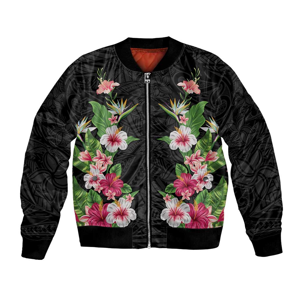 Hawaii Tropical Flowers Bomber Jacket Black Polynesian Tattoo Art