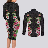 Hawaii Tropical Flowers Couples Matching Long Sleeve Bodycon Dress and Long Sleeve Button Shirt Black Polynesian Tattoo Art