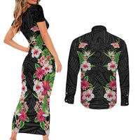 Hawaii Tropical Flowers Couples Matching Short Sleeve Bodycon Dress and Long Sleeve Button Shirt Black Polynesian Tattoo Art