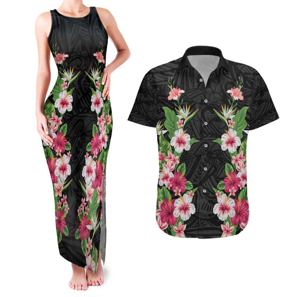 Hawaii Tropical Flowers Couples Matching Tank Maxi Dress and Hawaiian Shirt Black Polynesian Tattoo Art