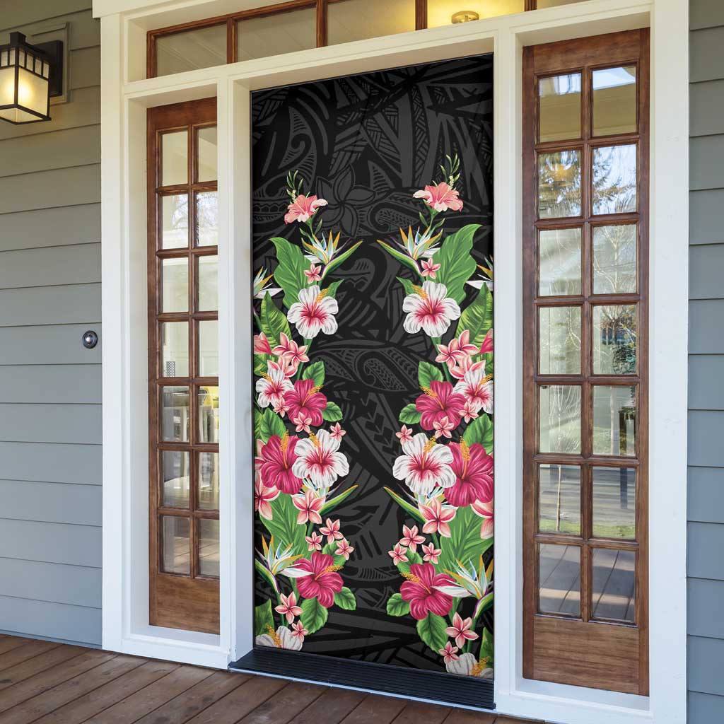 Hawaii Tropical Flowers Door Cover Black Polynesian Tattoo Art LT05 - Polynesian Pride