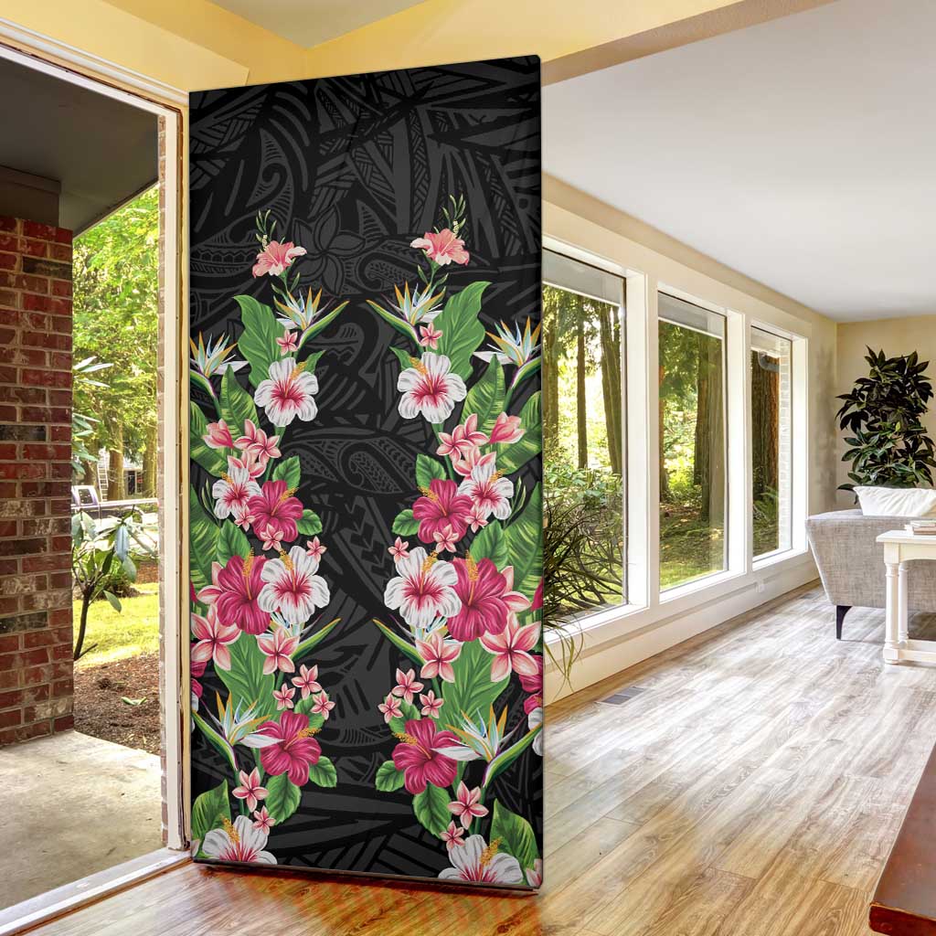 Hawaii Tropical Flowers Door Cover Black Polynesian Tattoo Art LT05 - Polynesian Pride