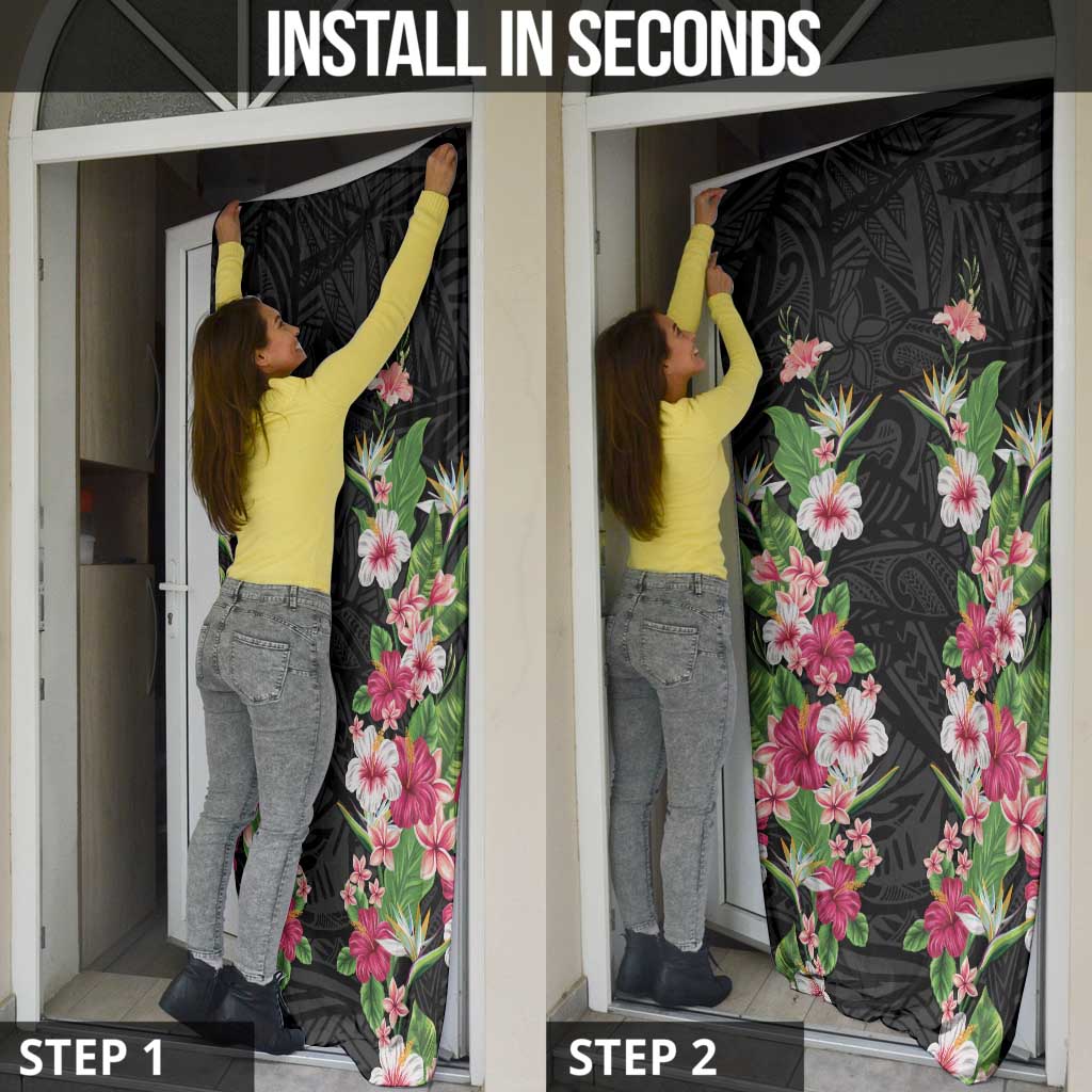 Hawaii Tropical Flowers Door Cover Black Polynesian Tattoo Art LT05 - Polynesian Pride