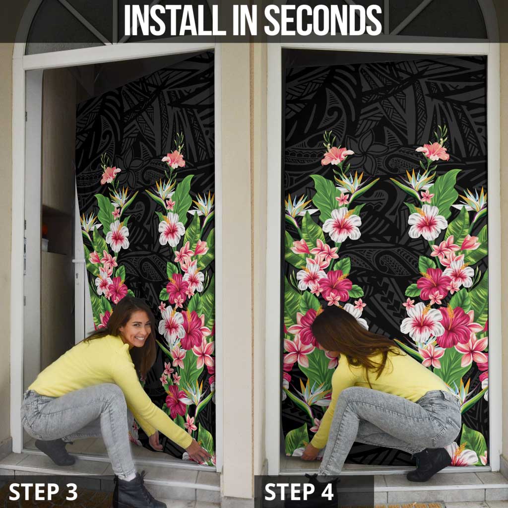 Hawaii Tropical Flowers Door Cover Black Polynesian Tattoo Art LT05 - Polynesian Pride