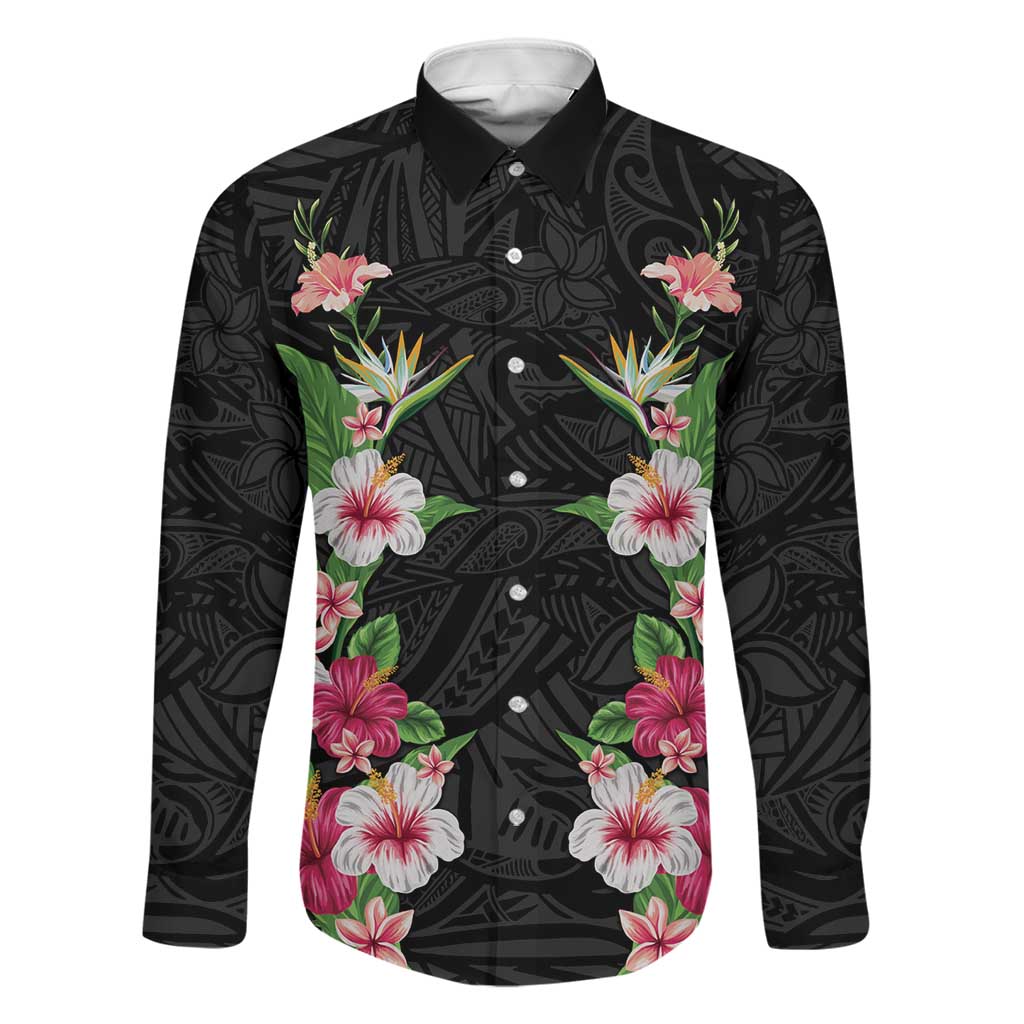 Hawaii Tropical Flowers Family Matching Long Sleeve Bodycon Dress and Hawaiian Shirt Black Polynesian Tattoo Art LT05 Dad's Shirt - Long Sleeve Black - Polynesian Pride