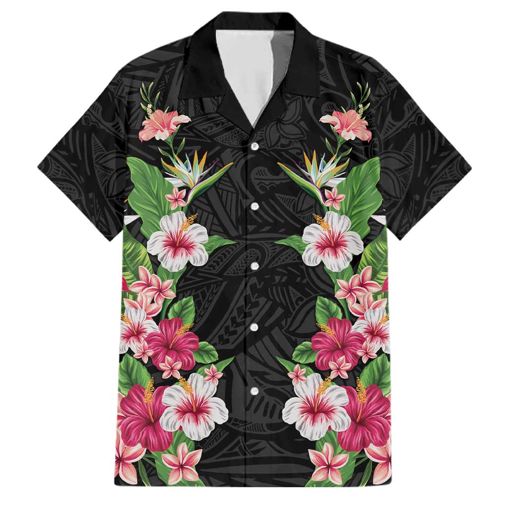 Hawaii Tropical Flowers Family Matching Off The Shoulder Long Sleeve Dress and Hawaiian Shirt Black Polynesian Tattoo Art LT05 Dad's Shirt - Short Sleeve Black - Polynesian Pride