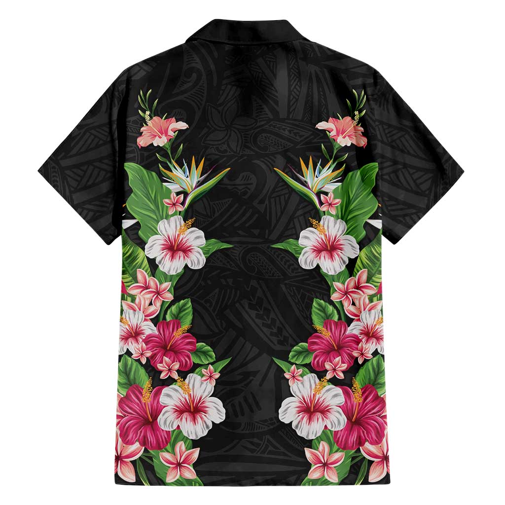 Hawaii Tropical Flowers Family Matching Off The Shoulder Long Sleeve Dress and Hawaiian Shirt Black Polynesian Tattoo Art LT05 - Polynesian Pride