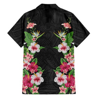 Hawaii Tropical Flowers Family Matching Off The Shoulder Long Sleeve Dress and Hawaiian Shirt Black Polynesian Tattoo Art LT05 - Polynesian Pride