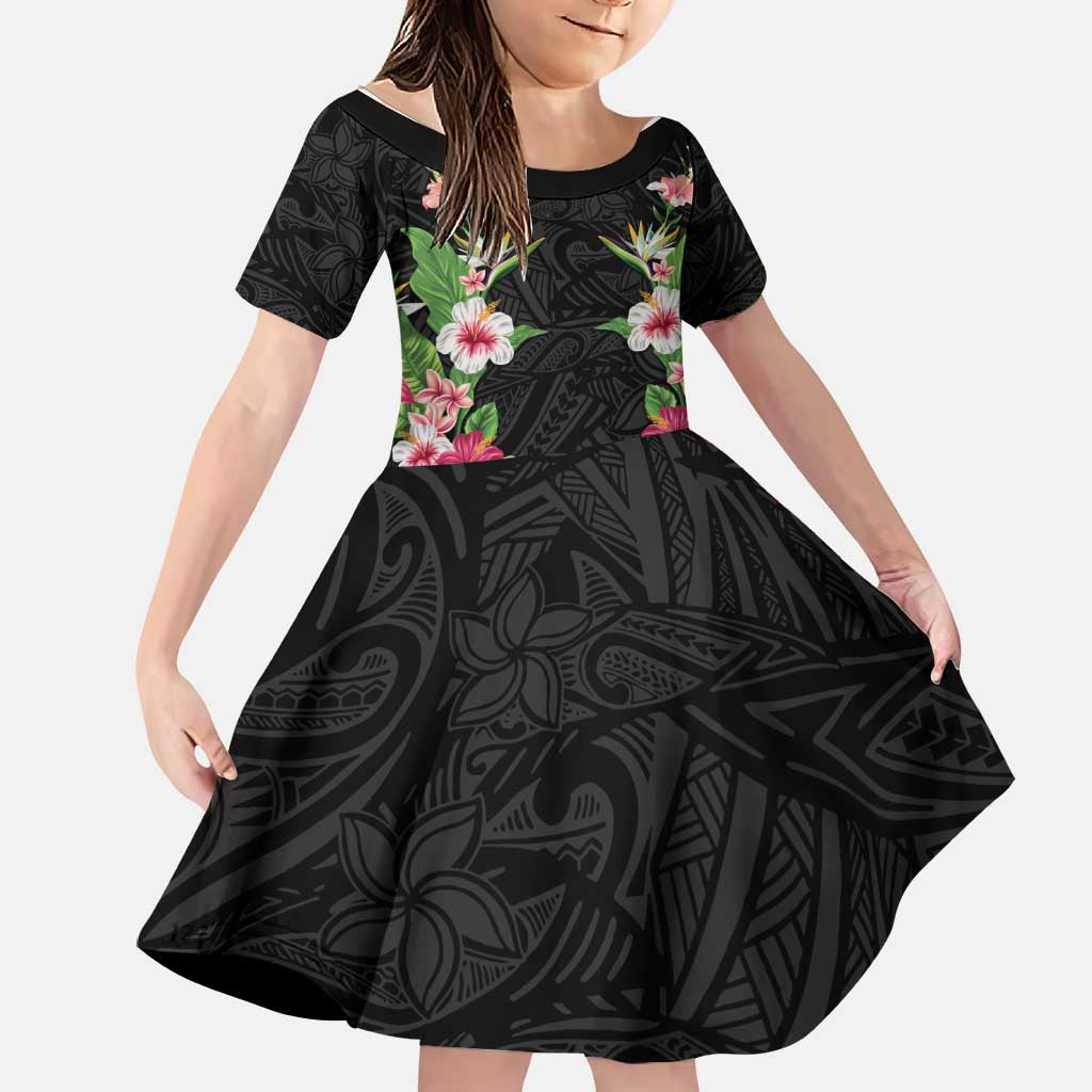 Hawaii Tropical Flowers Family Matching Puletasi and Hawaiian Shirt Black Polynesian Tattoo Art LT05 Daughter's Dress Black - Polynesian Pride