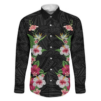 Hawaii Tropical Flowers Family Matching Puletasi and Hawaiian Shirt Black Polynesian Tattoo Art LT05 Dad's Shirt - Long Sleeve Black - Polynesian Pride
