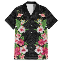 Hawaii Tropical Flowers Family Matching Short Sleeve Bodycon Dress and Hawaiian Shirt Black Polynesian Tattoo Art LT05 Dad's Shirt - Short Sleeve Black - Polynesian Pride