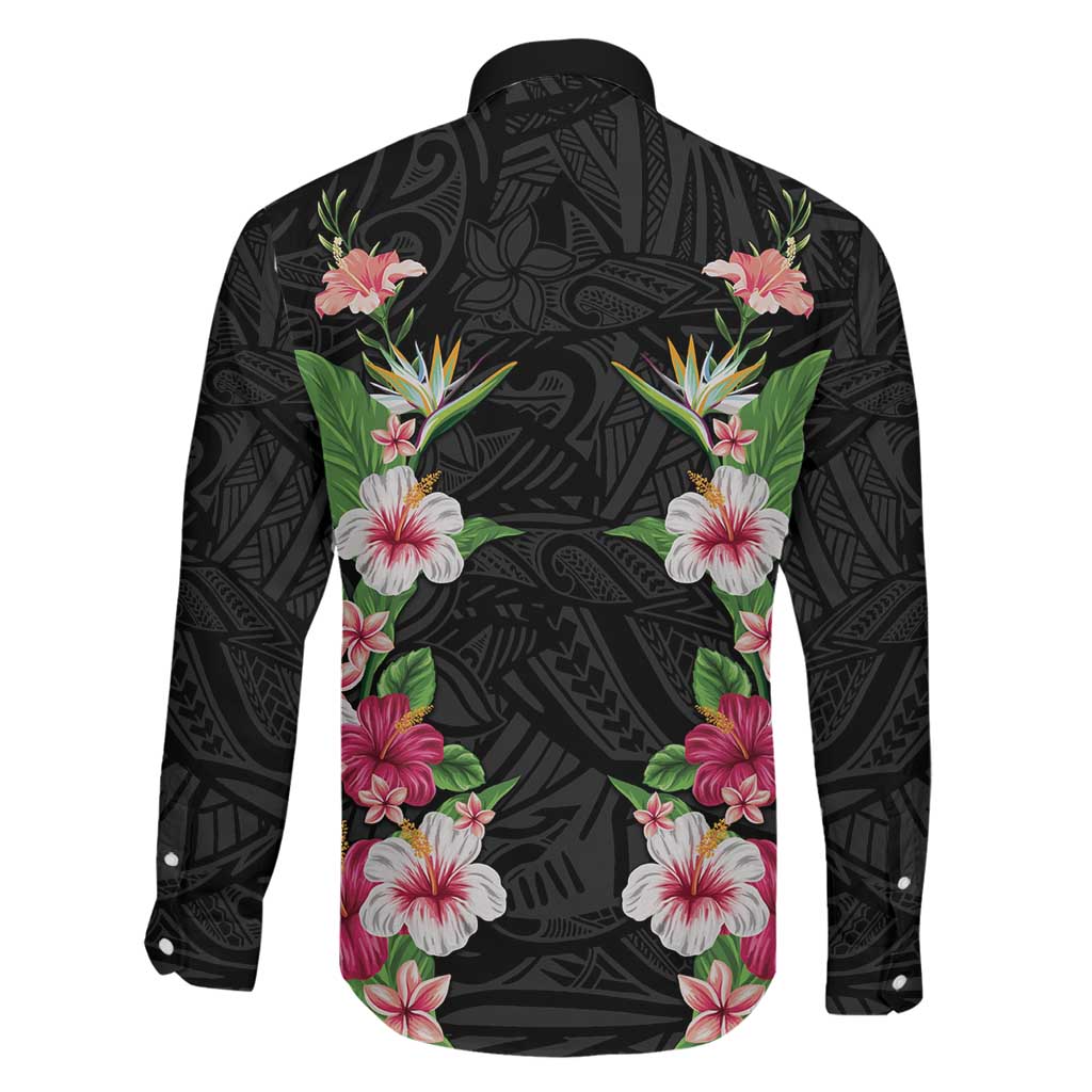 Hawaii Tropical Flowers Family Matching Short Sleeve Bodycon Dress and Hawaiian Shirt Black Polynesian Tattoo Art LT05 - Polynesian Pride