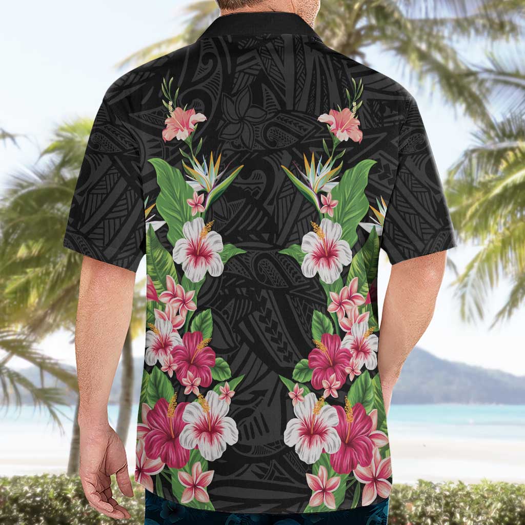 Hawaii Tropical Flowers Hawaiian Shirt Black Polynesian Tattoo Art