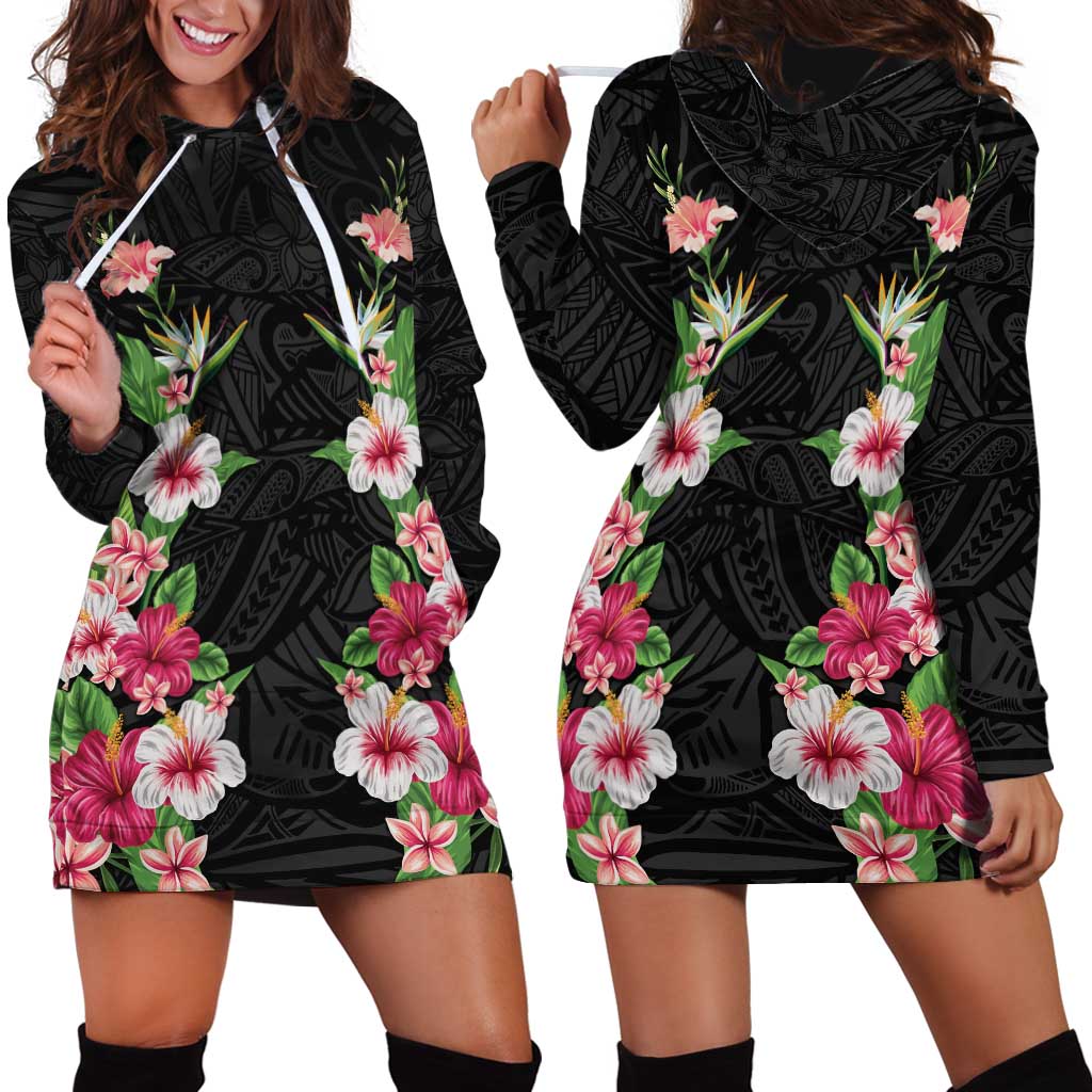 Hawaii Tropical Flowers Hoodie Dress Black Polynesian Tattoo Art