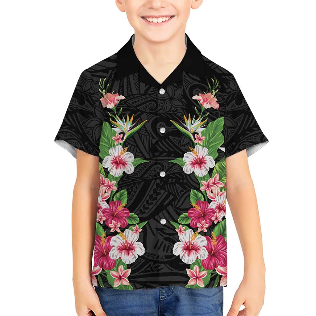 Hawaii Tropical Flowers Kid Hawaiian Shirt Black Polynesian Tattoo Art