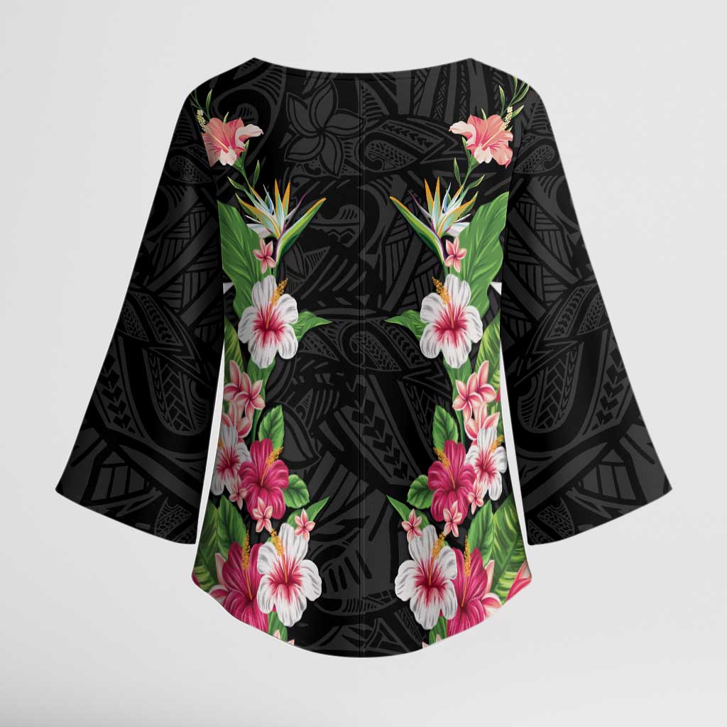 Hawaii Tropical Flowers Kimono Sleeve Blouse Black Polynesian Tattoo Art LT05 - Polynesian Pride
