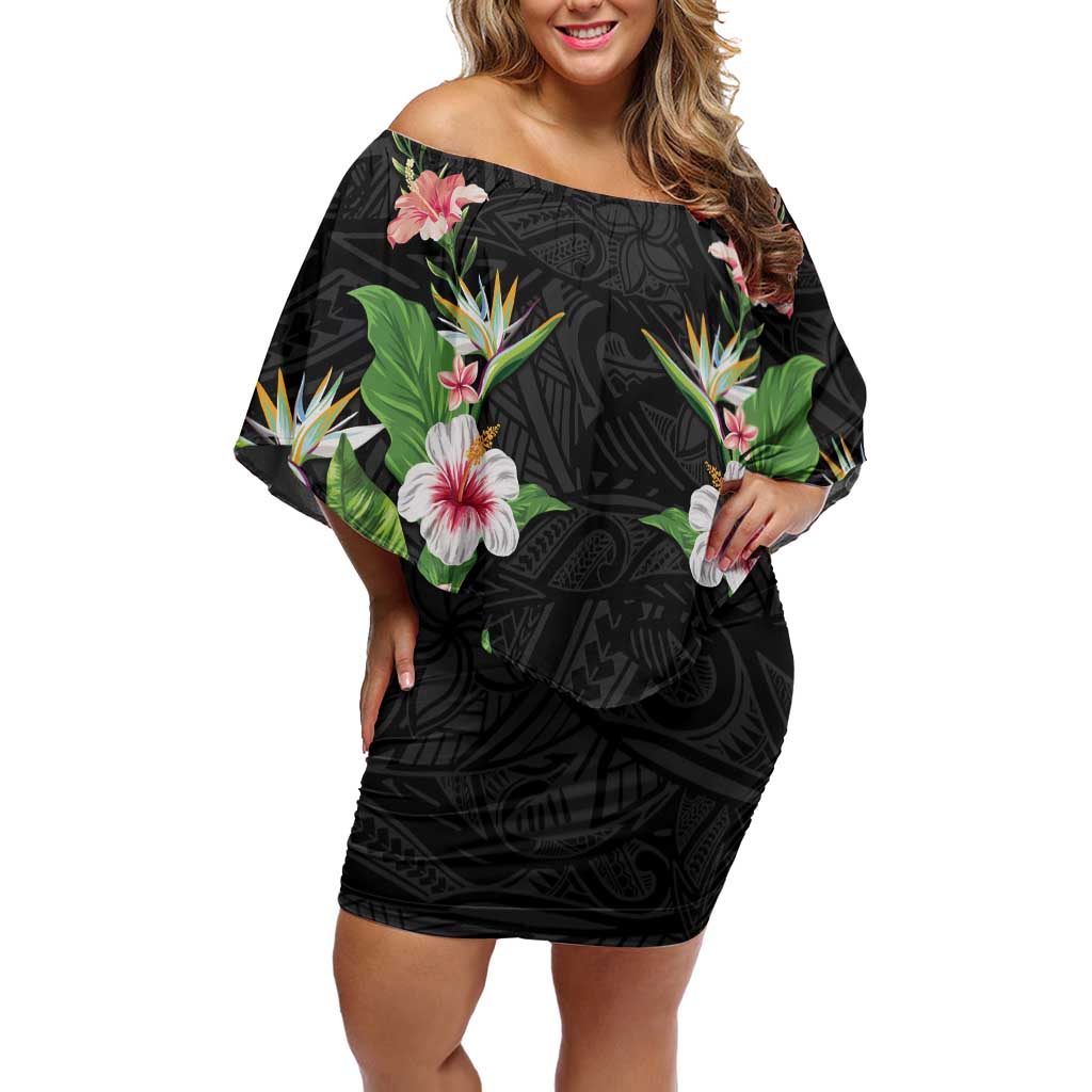 Hawaii Tropical Flowers Off Shoulder Short Dress Black Polynesian Tattoo Art LT05 Women Black - Polynesian Pride