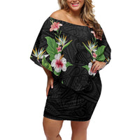 Hawaii Tropical Flowers Off Shoulder Short Dress Black Polynesian Tattoo Art LT05 Women Black - Polynesian Pride