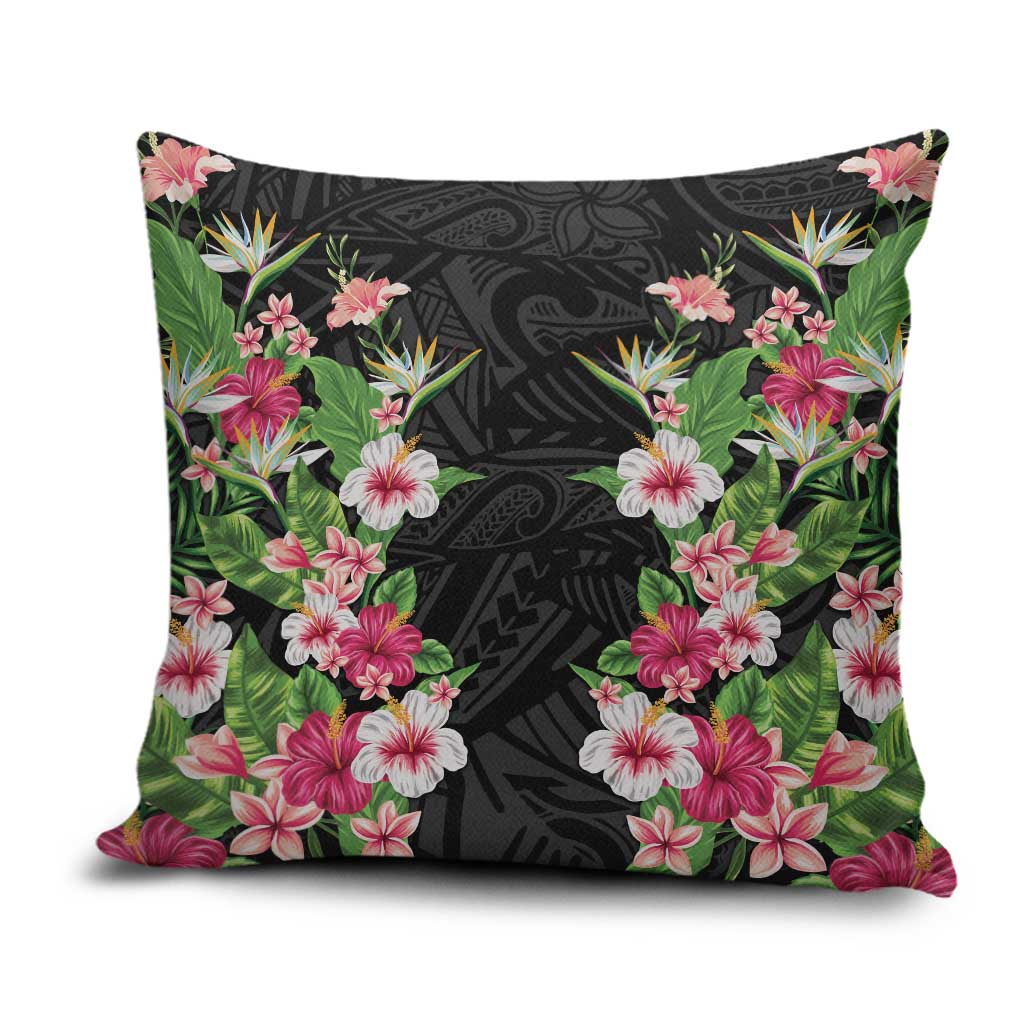 Hawaii Tropical Flowers Pillow Cover Black Polynesian Tattoo Art LT05 Black - Polynesian Pride