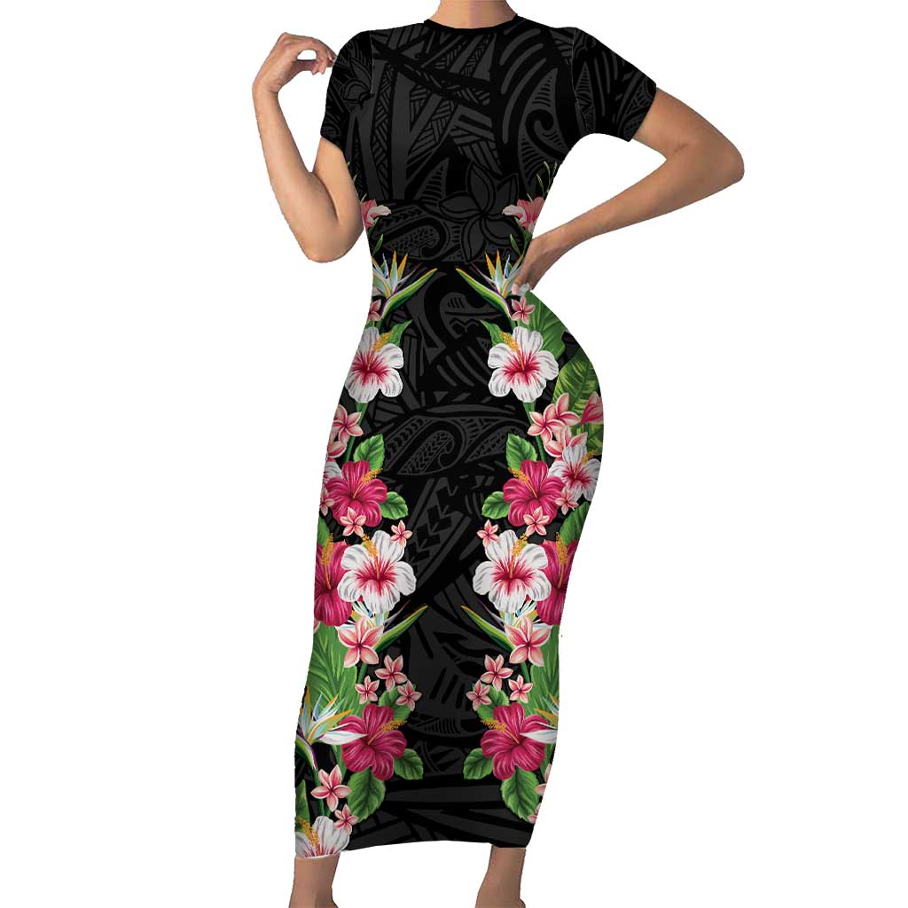 Hawaii Tropical Flowers Short Sleeve Bodycon Dress Black Polynesian Tattoo Art LT05 Long Dress Black - Polynesian Pride