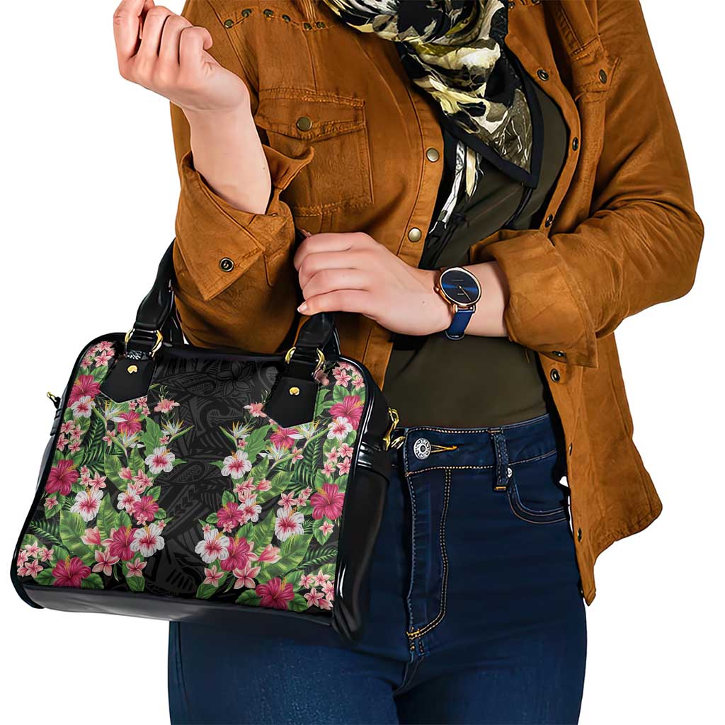 Hawaii Tropical Flowers Shoulder Handbag Black Polynesian Tattoo Art LT05 - Polynesian Pride