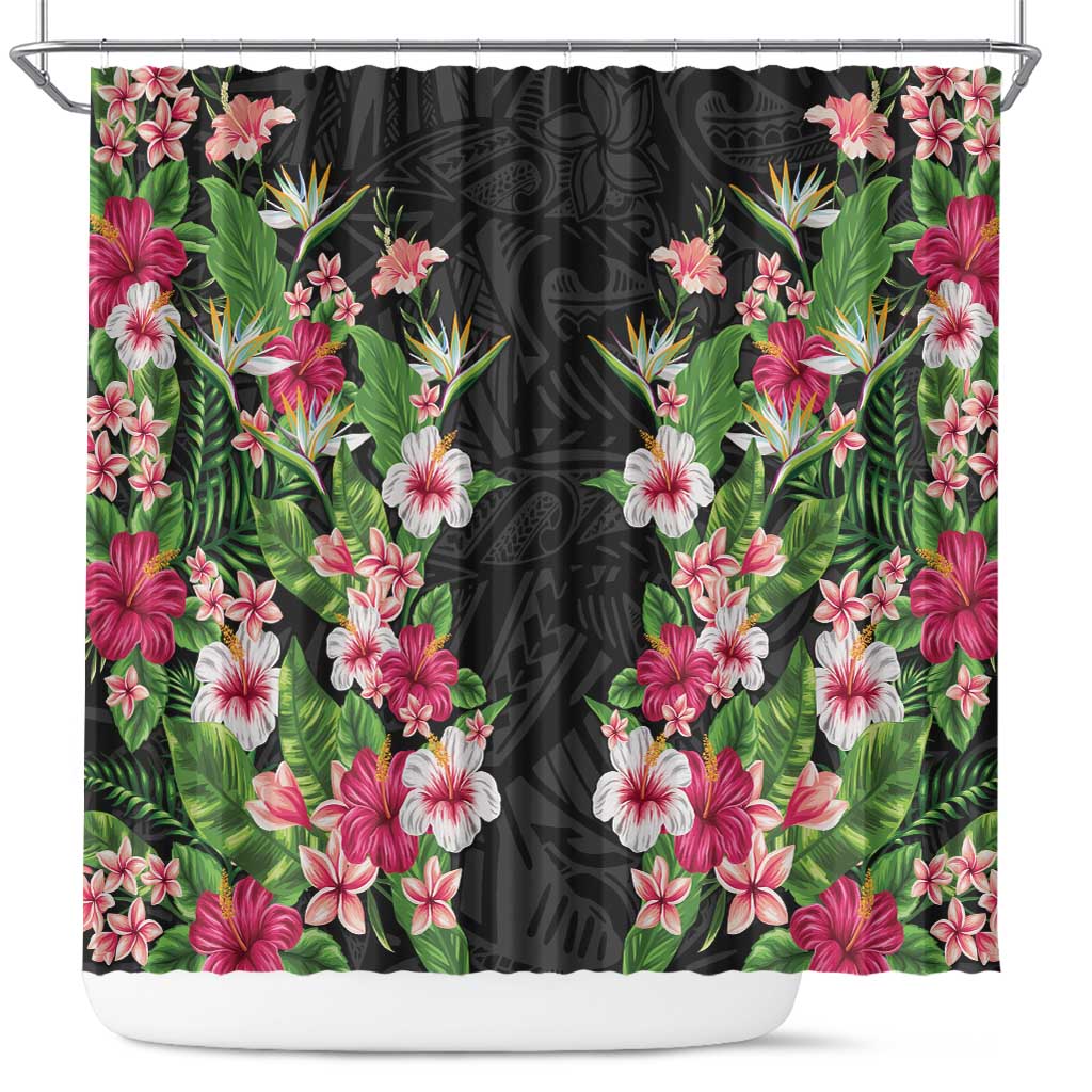 Hawaii Tropical Flowers Shower Curtain Black Polynesian Tattoo Art LT05 Black - Polynesian Pride