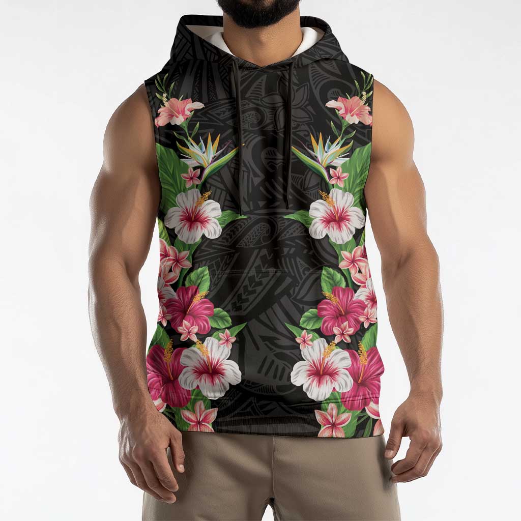 Hawaii Tropical Flowers Sleeveless Hoodie Black Polynesian Tattoo Art LT05 - Polynesian Pride
