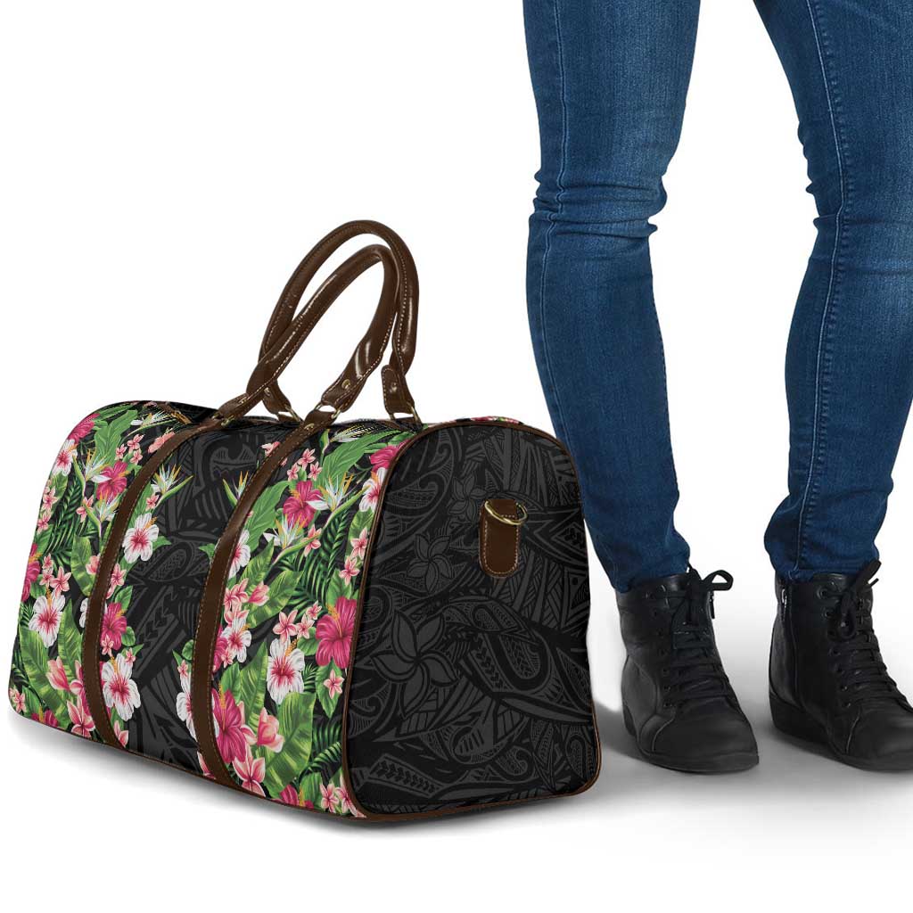Hawaii Tropical Flowers Travel Bag Black Polynesian Tattoo Art LT05 - Polynesian Pride