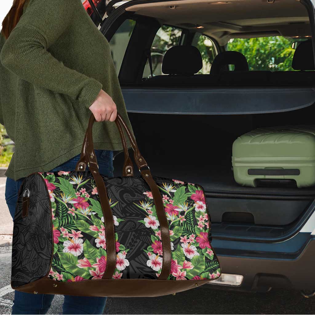 Hawaii Tropical Flowers Travel Bag Black Polynesian Tattoo Art LT05 - Polynesian Pride