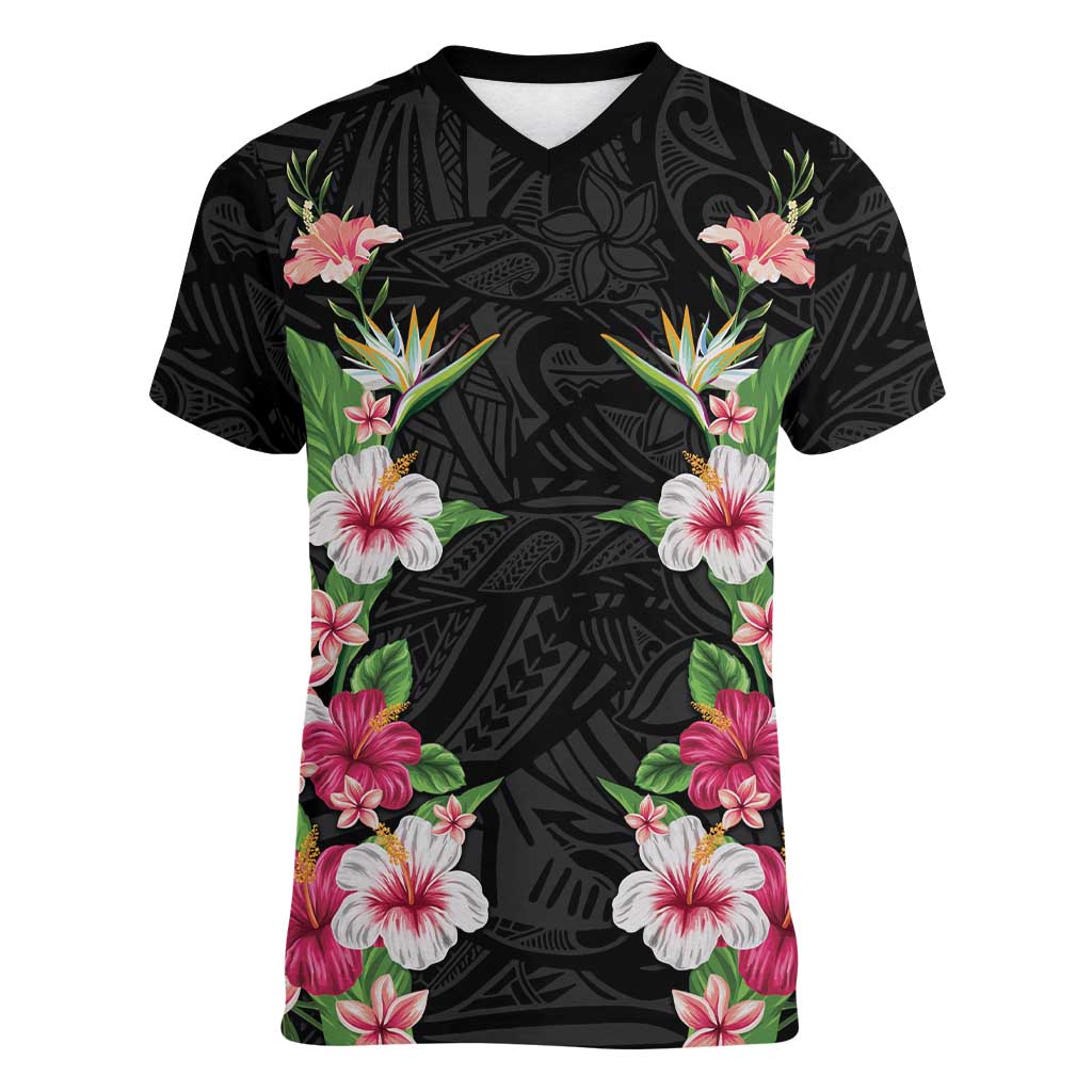 Hawaii Tropical Flowers Women V-Neck T-Shirt Black Polynesian Tattoo Art LT05 Female Black - Polynesian Pride