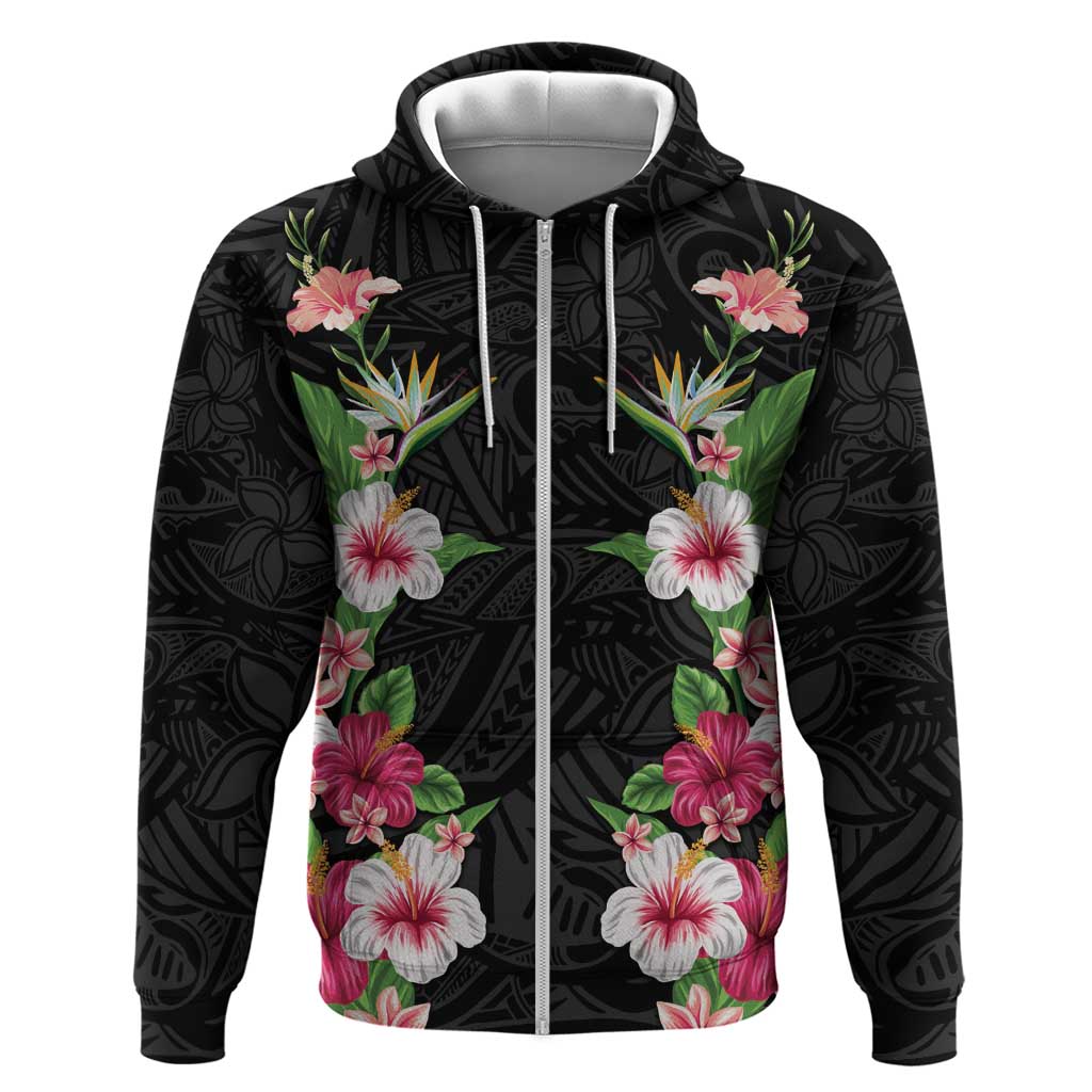 Hawaii Tropical Flowers Zip Hoodie Black Polynesian Tattoo Art