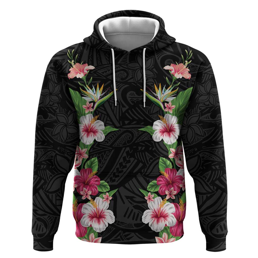 Hawaii Tropical Flowers Zip Hoodie Black Polynesian Tattoo Art