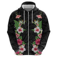 Hawaii Tropical Flowers Zip Hoodie Black Polynesian Tattoo Art