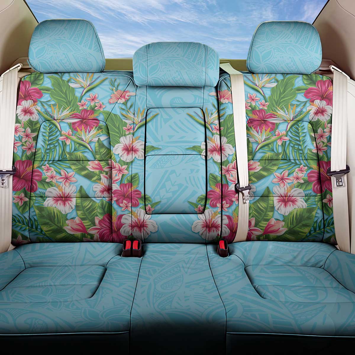Hawaii Tropical Flowers Back Car Seat Cover Sky Blue Polynesian Tattoo Art LT05 One Size Blue - Polynesian Pride